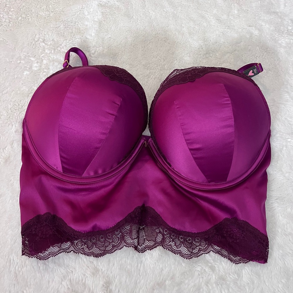 Victorias Secret Women's Magenta Purple Satin Lace Longline‎ Bra Size 36D NWT